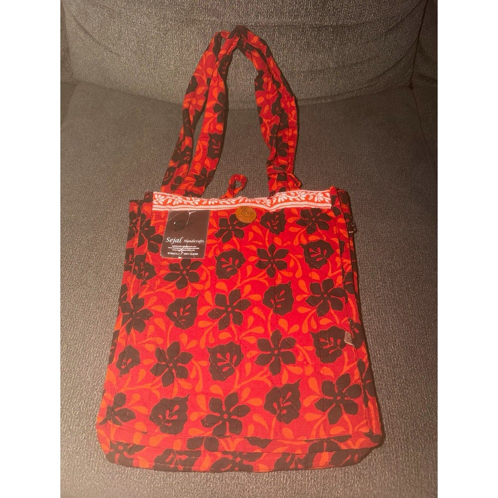 Sejal Handicrafts Red Black Floral Canvas Tote Bag Zip Button Lined Pockets